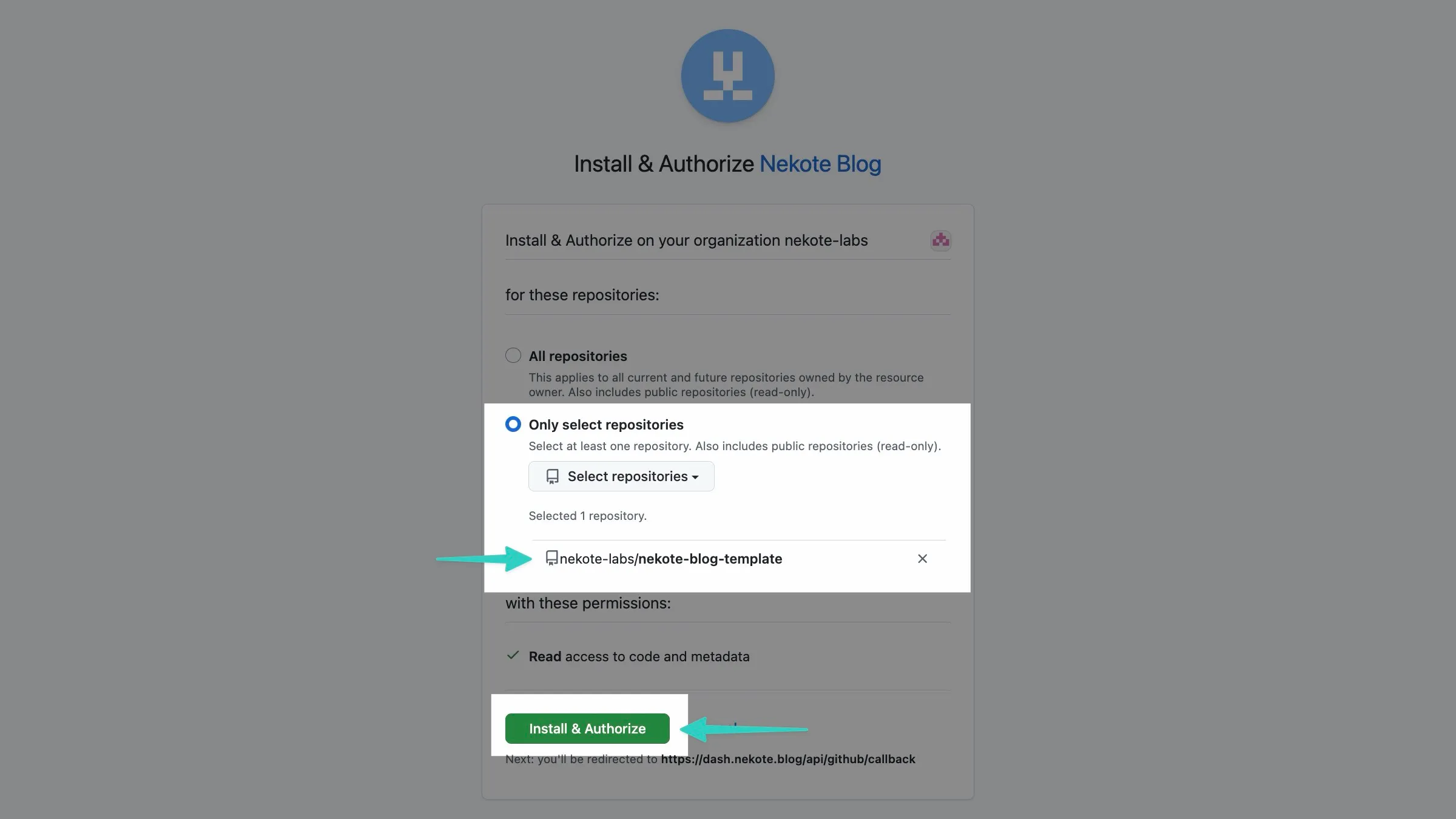 github接続リポジトリの選択完了の様子